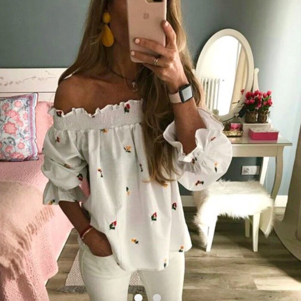 NWT ZARA WHITE OFF-THE-SHOULDER TOP BLOUSE FLORAL EMBROIDERED